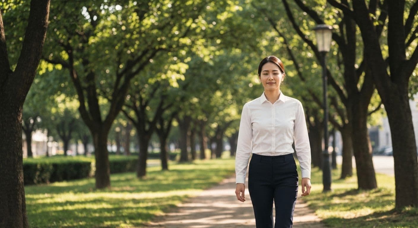 Professional taking a mindful walking break during lunch in an urban setting