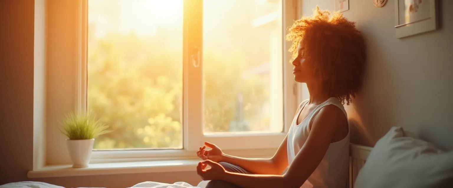 Person practicing 5-minute smiling mind meditation with peaceful morning light