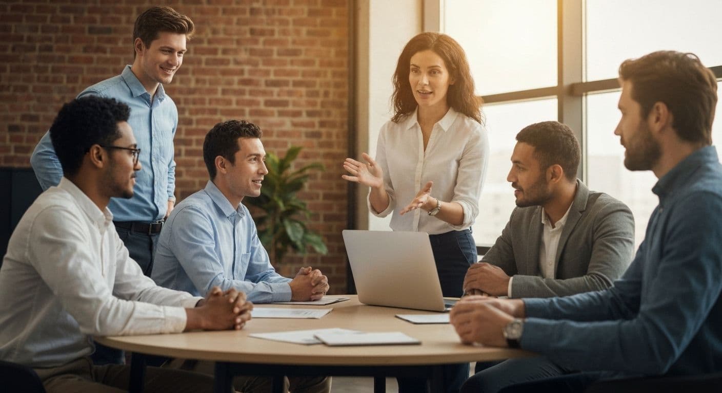 Leader practicing self awareness as a leadership skill while engaging with engaged team members in collaborative workspace
