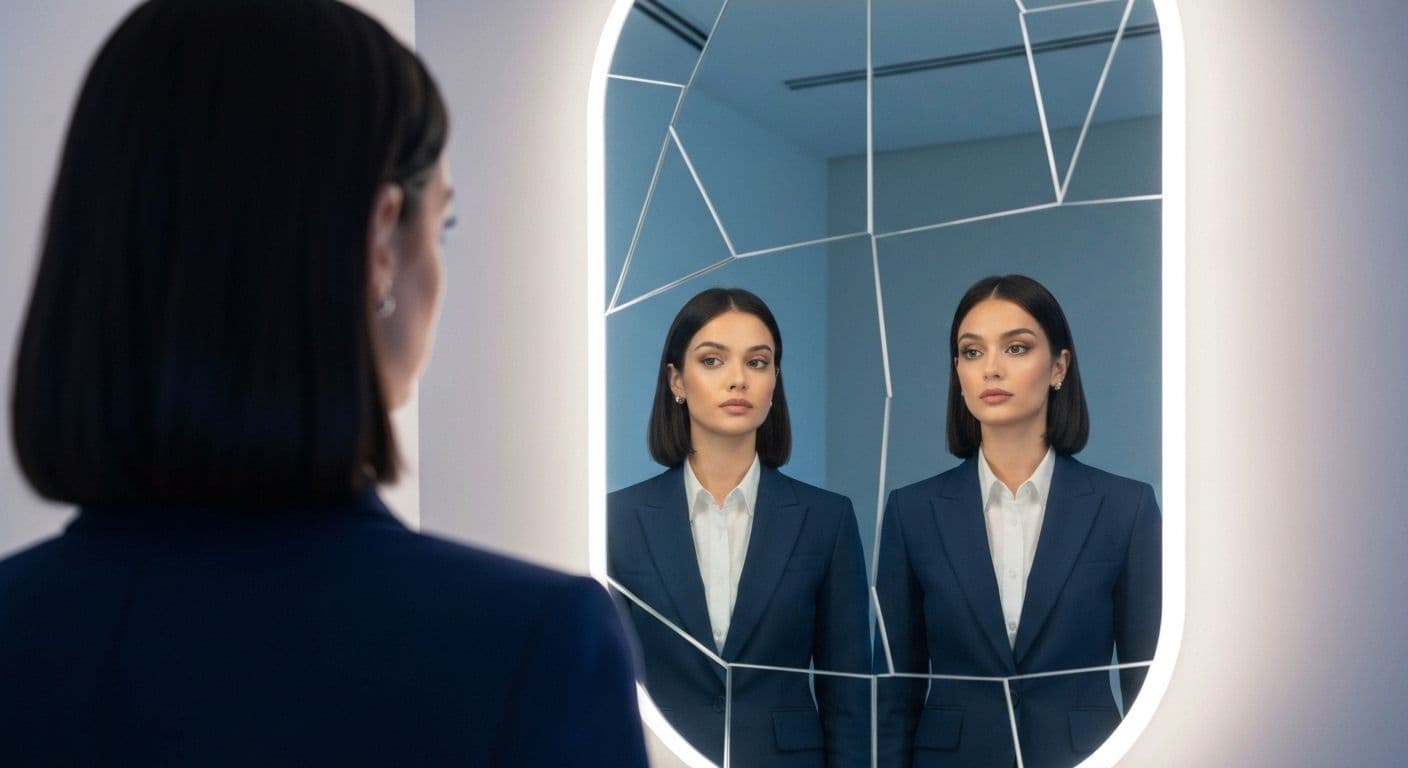 Person practicing public self awareness examples by observing their reflection and body language in professional setting