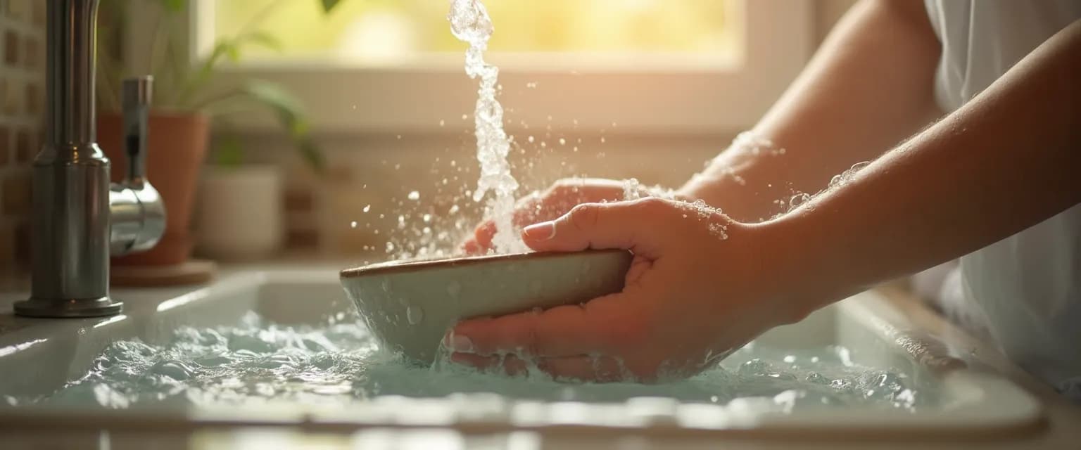 Person practicing present moment awareness while washing dishes with mindful attention