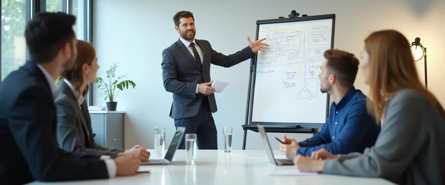 Confident professional leading a meeting, showcasing effective group leadership and management skills