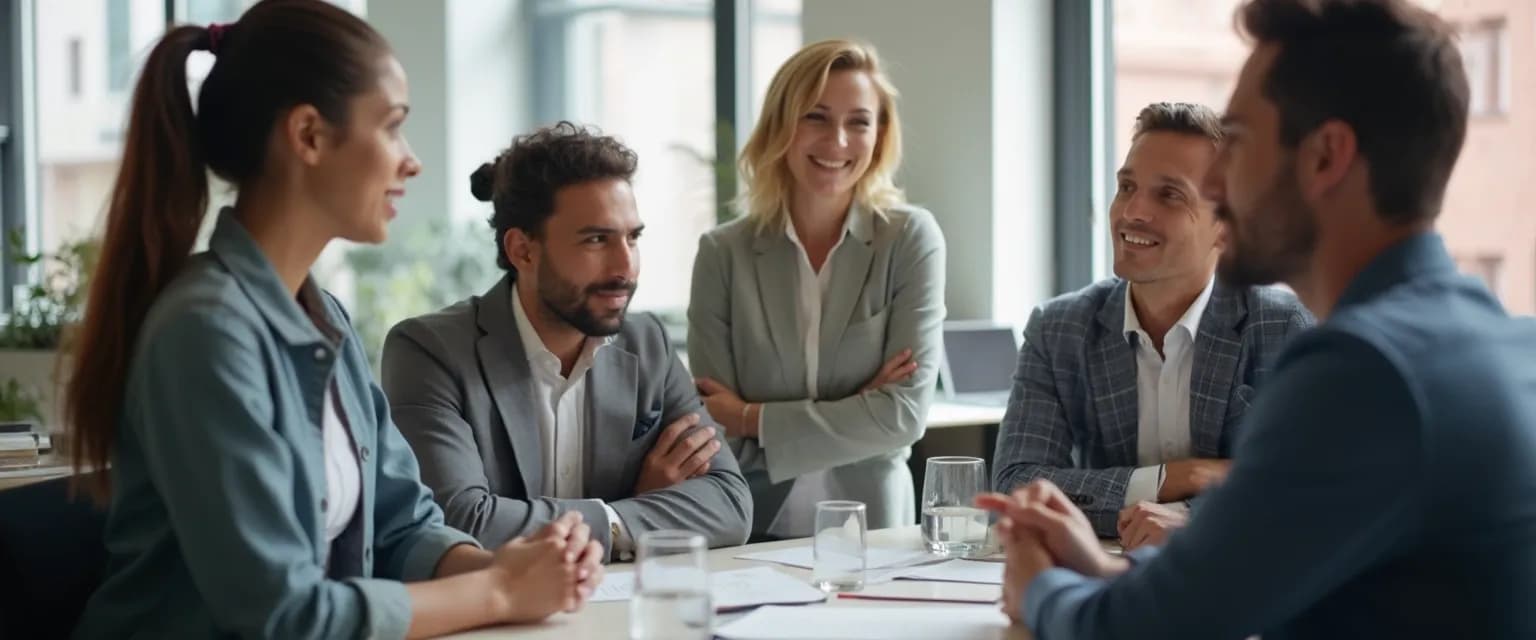 Professionals demonstrating social intelligence in the workplace through positive body language