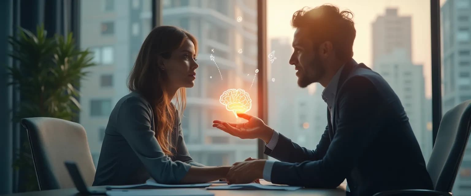 Professional colleagues using emotional intelligence and conflict resolution techniques in a workplace meeting