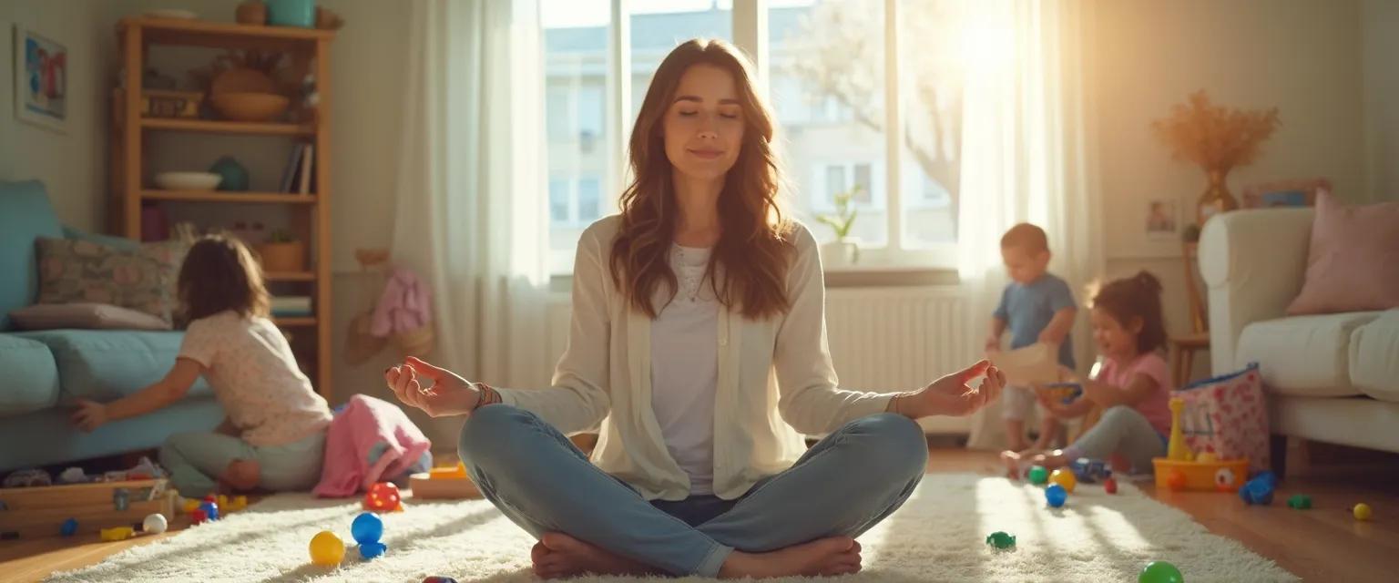 Parent practicing right mindfulness during a family moment of chaos