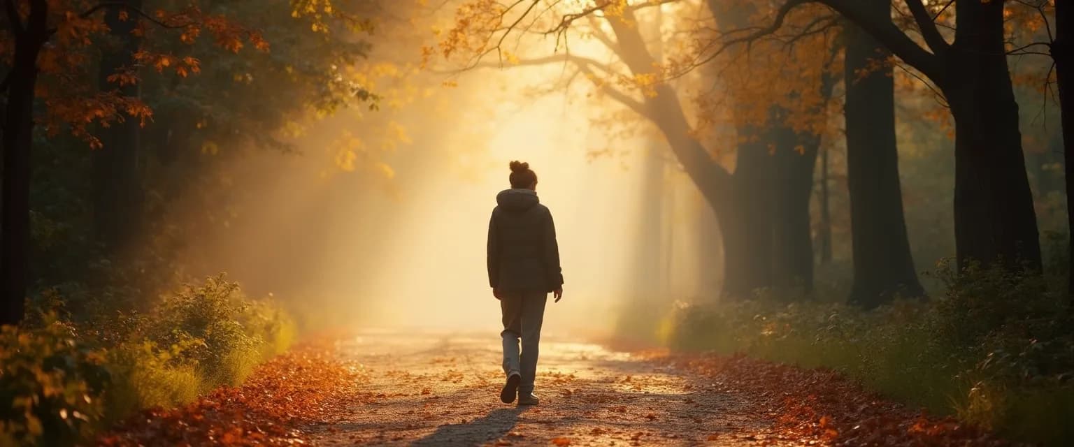 Person practicing self-awareness meditation while walking in nature