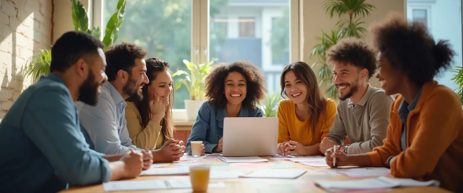 Team members engaged in The Happy Co activities at a startup office