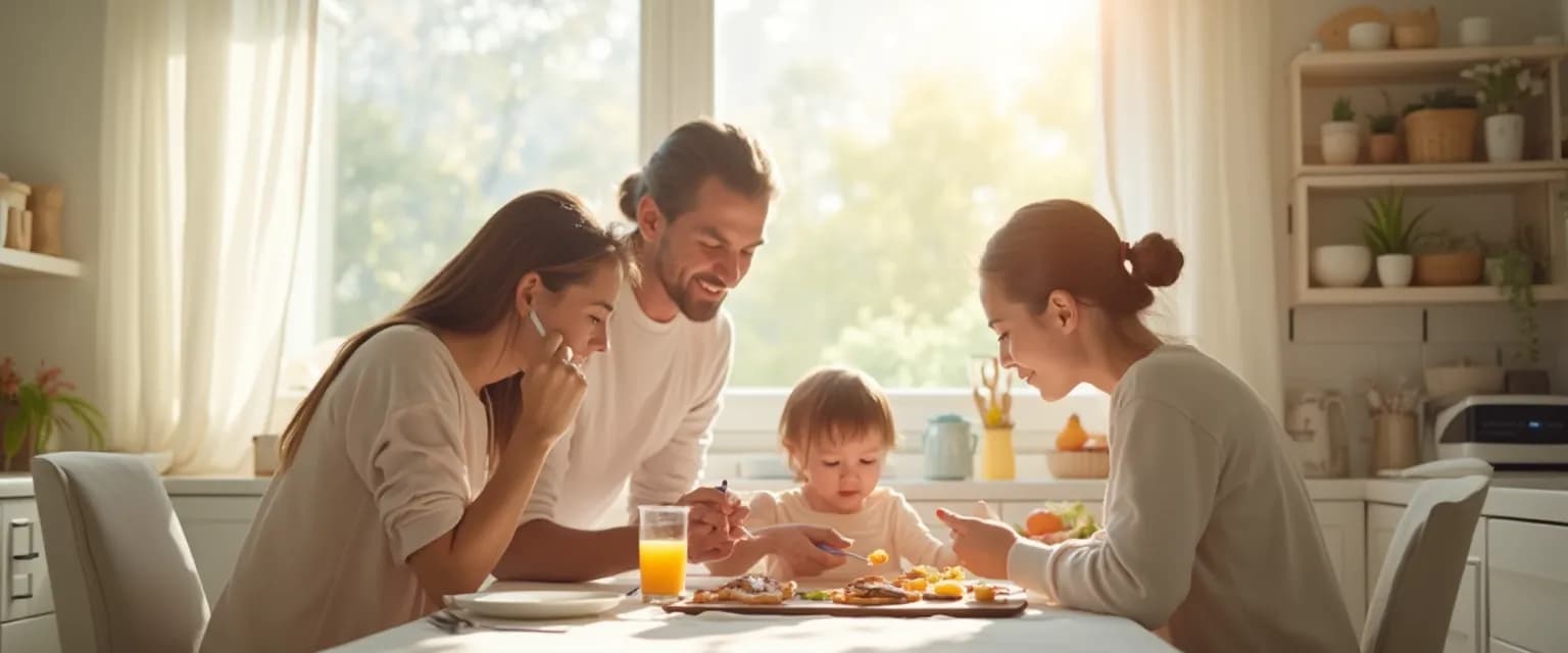 Parent practicing Thich Nhat Hanh mindfulness techniques during busy family morning routine