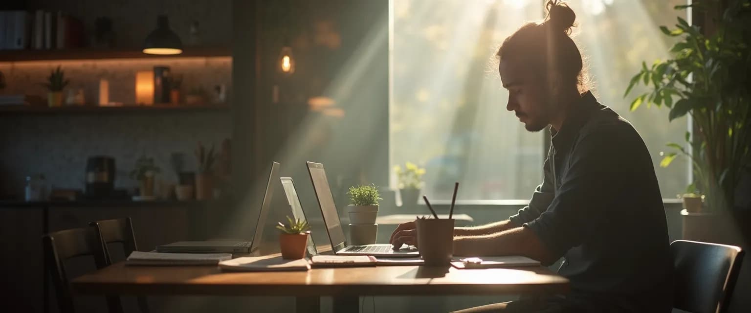 Freelancer overcoming anxiety in non-traditional career while working on laptop