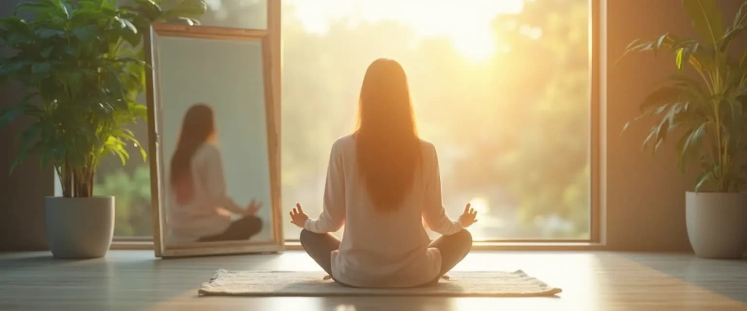Person practicing self-awareness and management techniques in front of a mirror