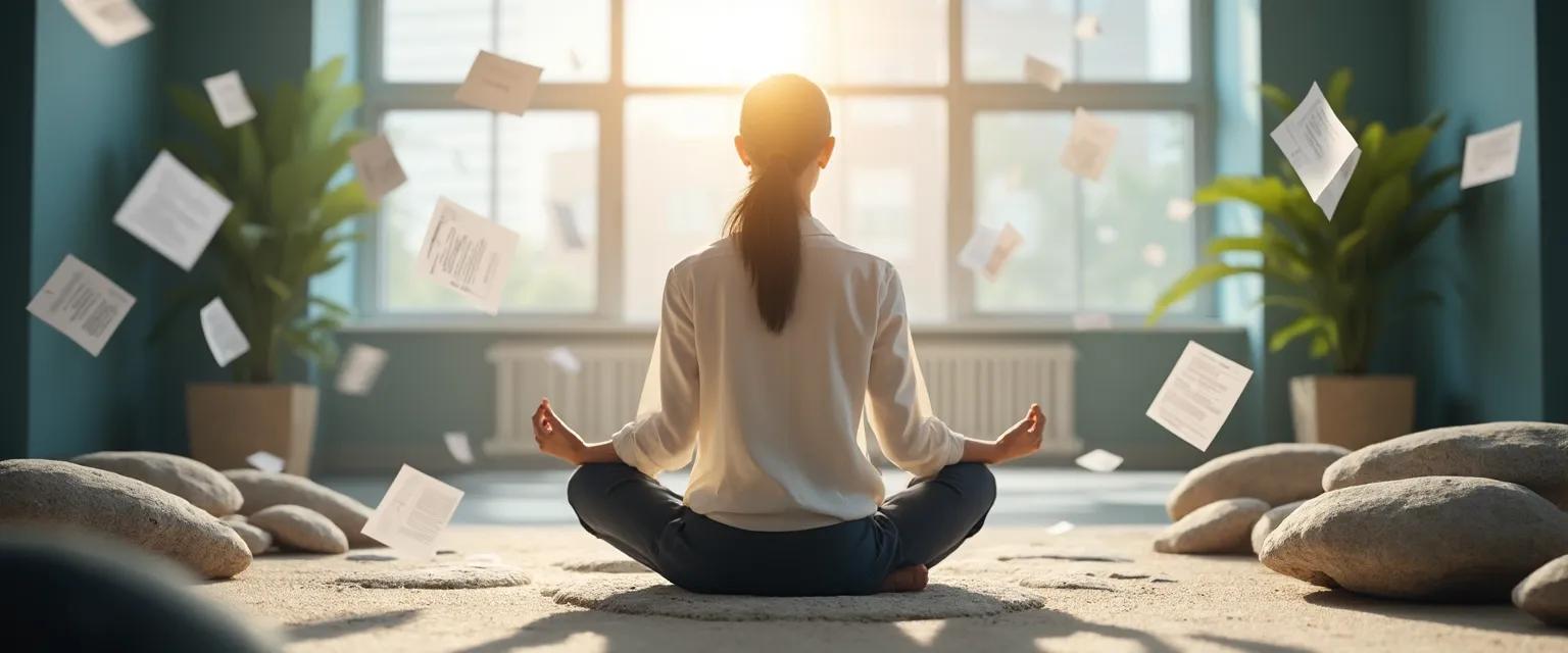 Professional practicing Zen mind techniques at desk finding calm in workplace chaos