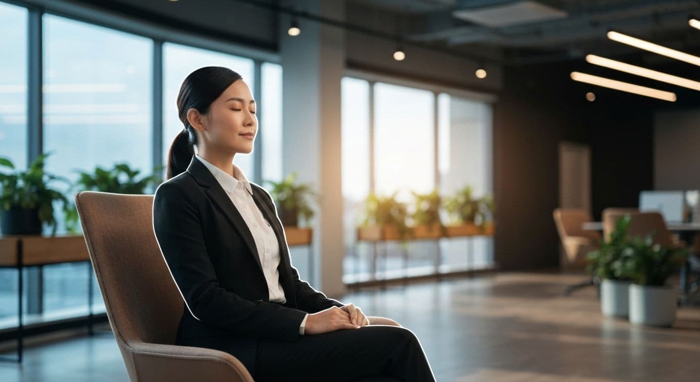 Professional practicing Jon Kabat-Zinn guided meditation body scan at desk for stress relief