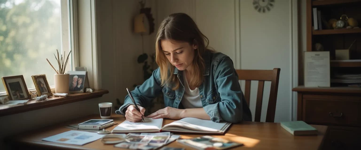 Person writing in journal using grief writing prompts for emotional healing