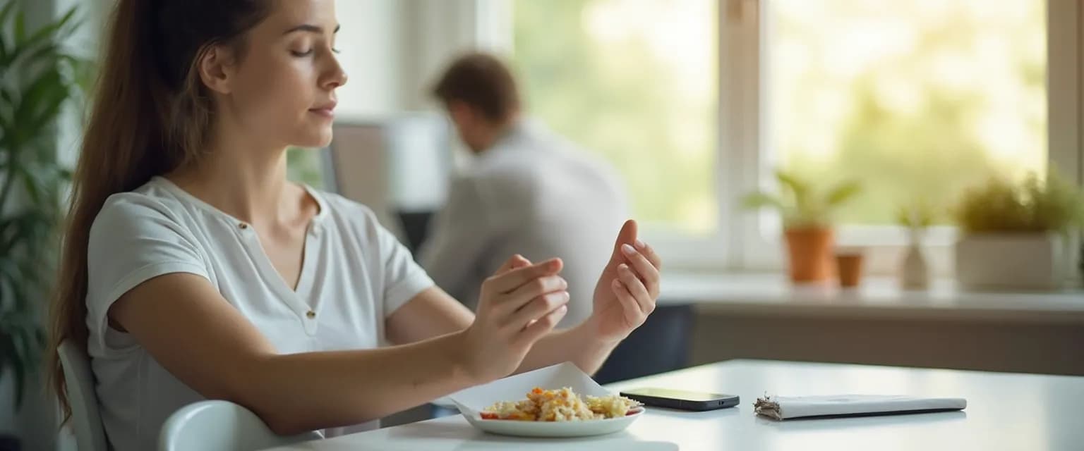 Professional practicing headspace mindfulness techniques during lunch break