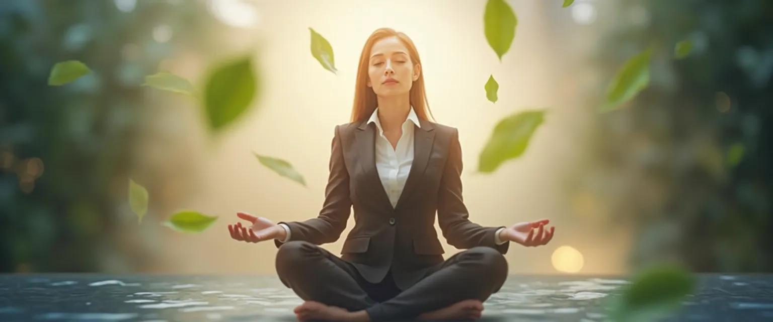 Professional practicing 5-minute mindful thinking exercise at desk