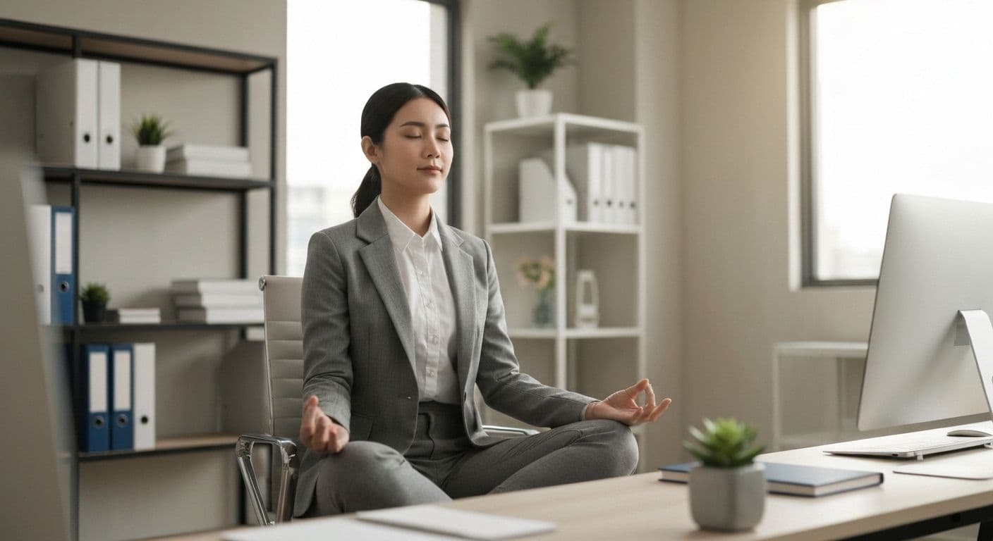 Professional practicing guided mindfulness meditation during work break for stress management
