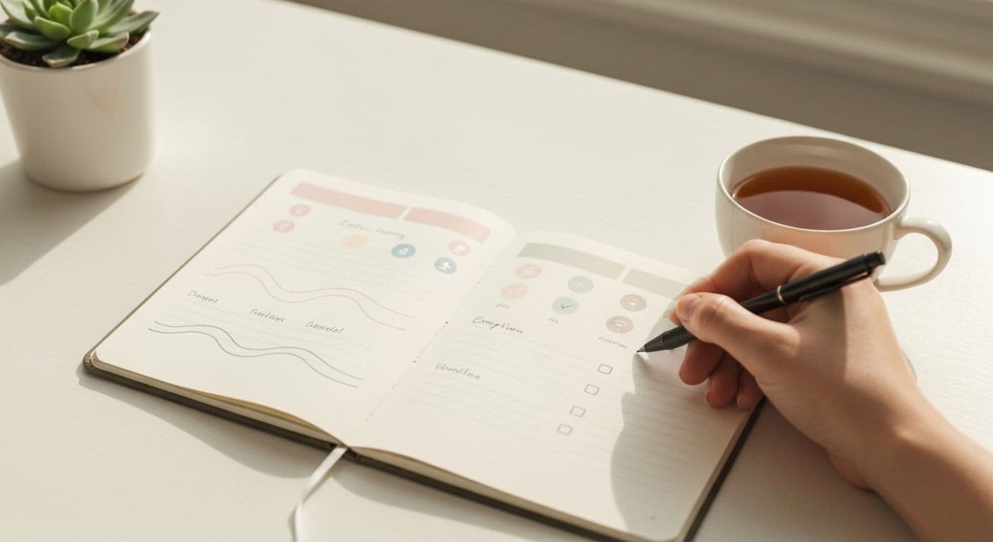 Person gaining self awareness by observing emotional patterns through simple daily tracking methods