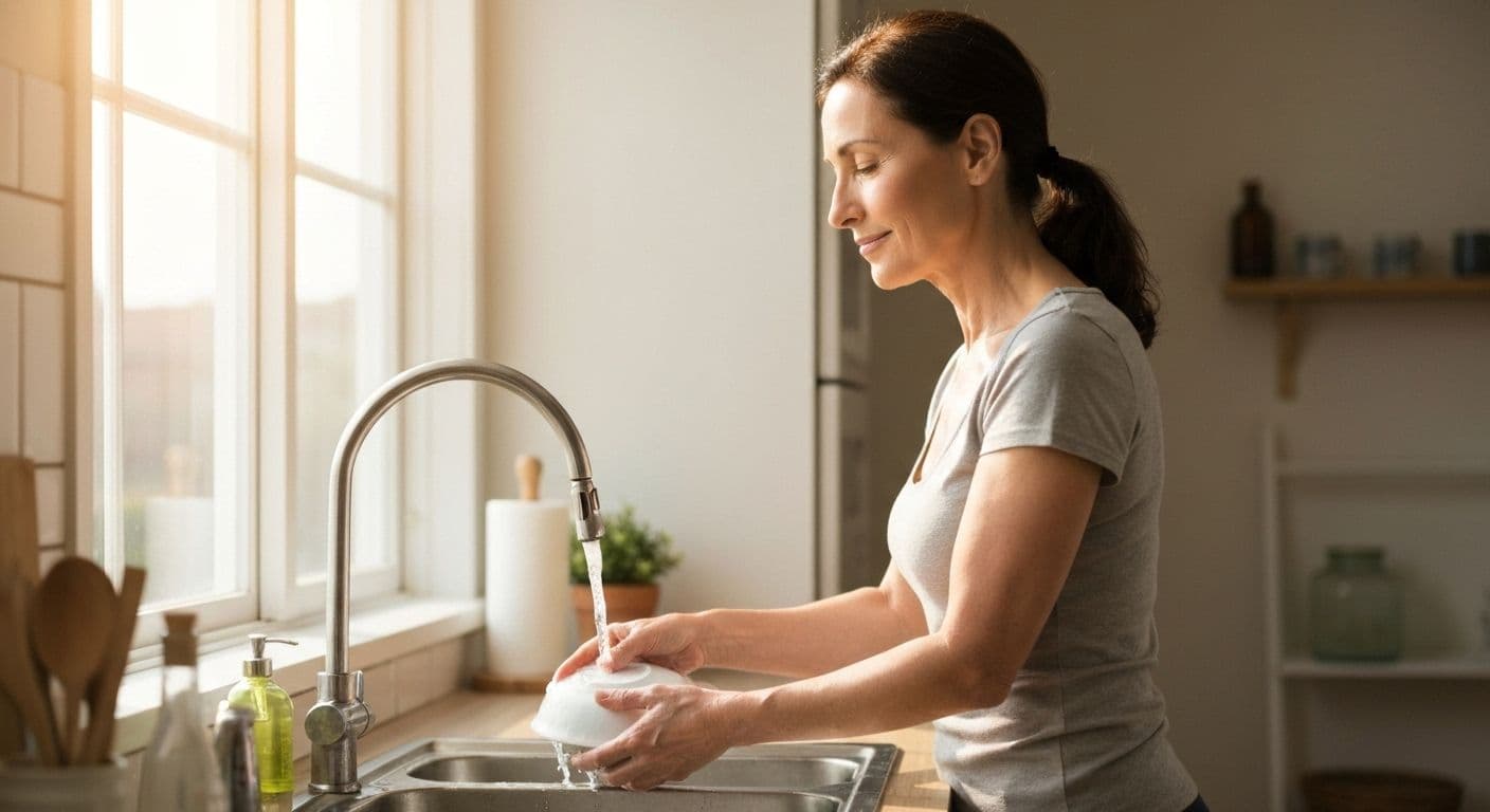 Person practicing mindful thinking while washing dishes in kitchen sink with focused attention
