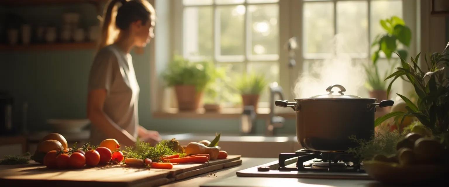 Woman finding self-awareness while mindfully preparing vegetables in kitchen