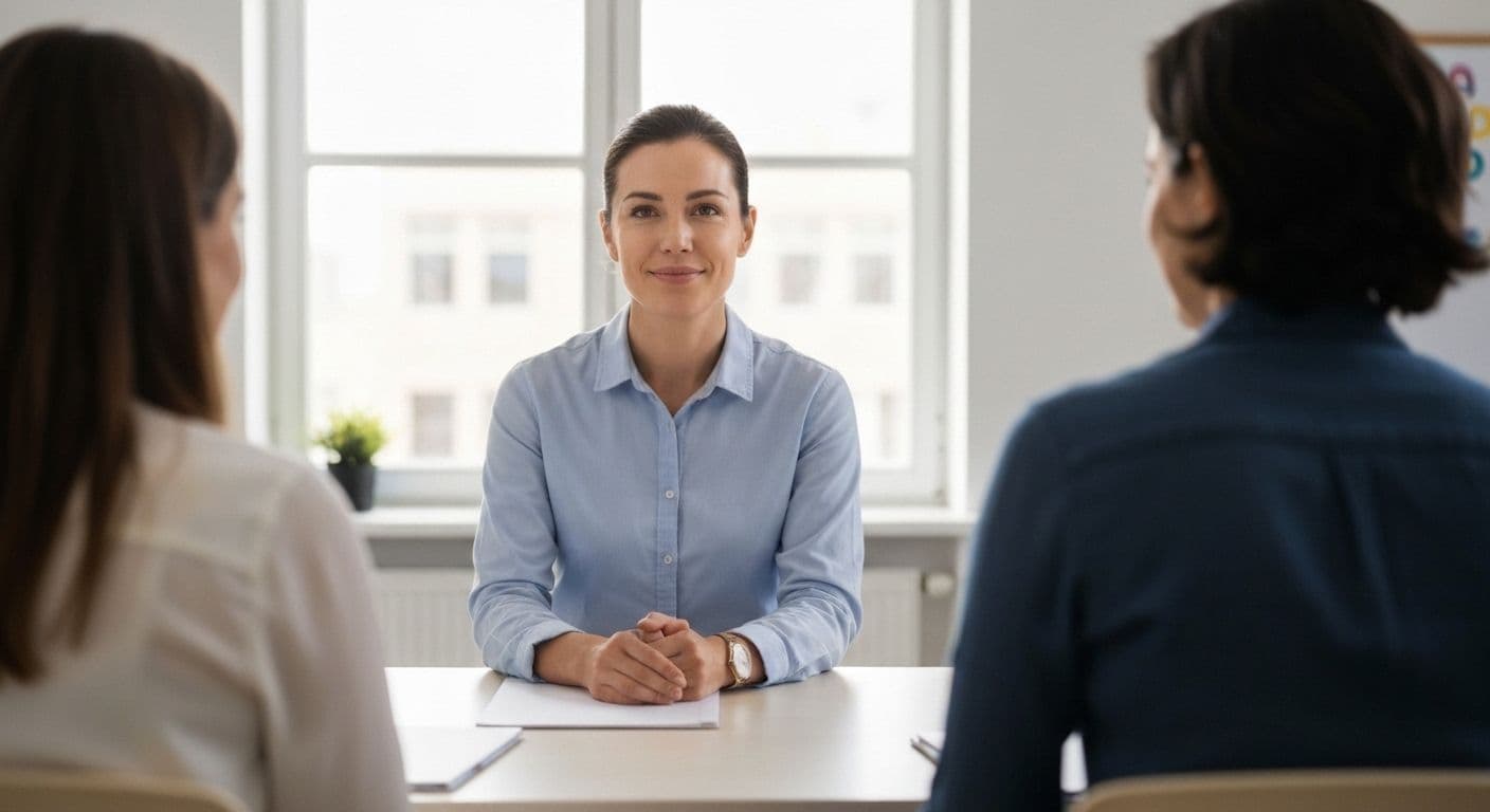 Teacher demonstrating self awareness during parent-teacher conference with calm, professional demeanor