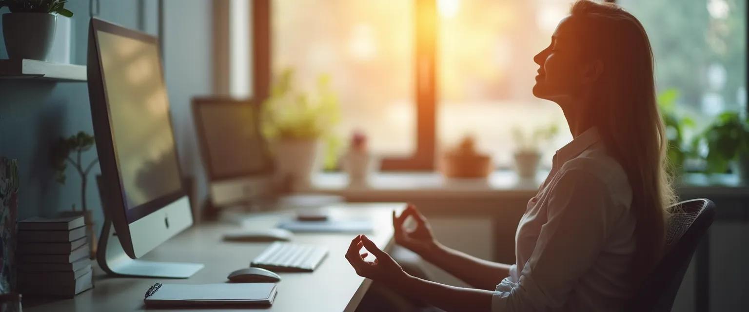 Professional using smiling mind meditation during a quick work break to improve focus