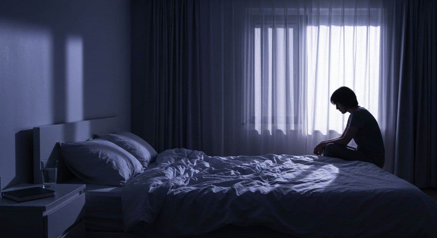 Person lying awake at night struggling with heartbreak grief and emotional pain