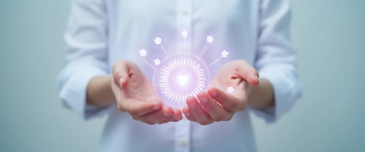 Woman demonstrating energy medicine techniques for anxiety relief with hand positions