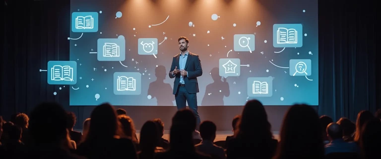 Professional delivering an engaging presentation on emotional intelligence using storytelling techniques