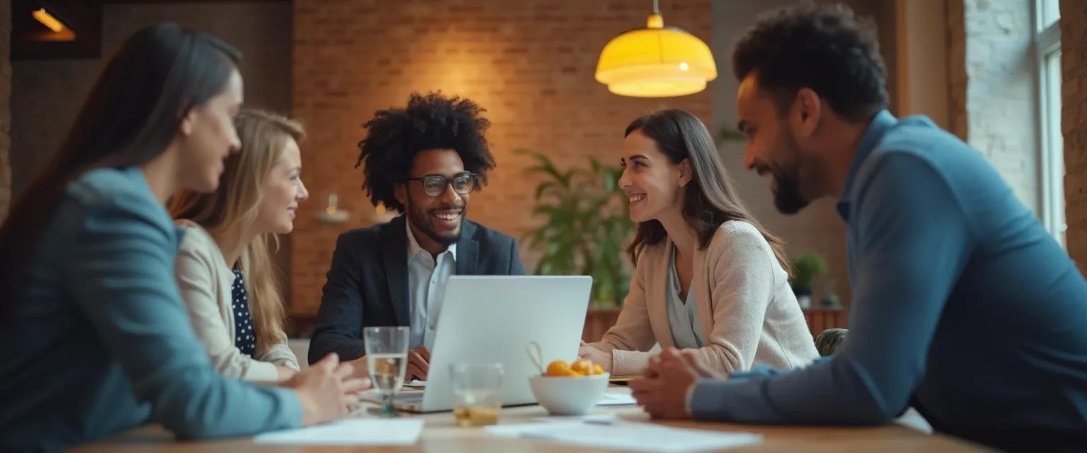 Team members demonstrating emotional intelligence in the workplace through collaborative discussion