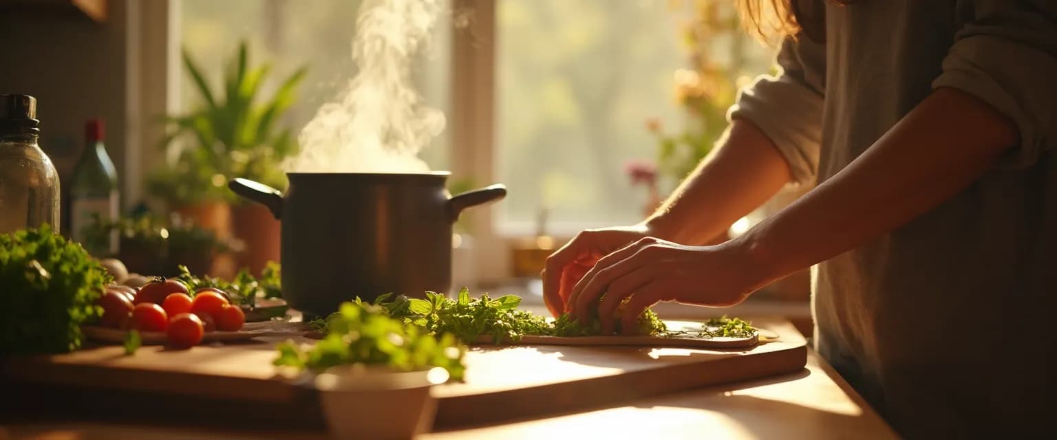 Person practicing mindfulness while chopping vegetables, demonstrating how to master mindfulness in the kitchen