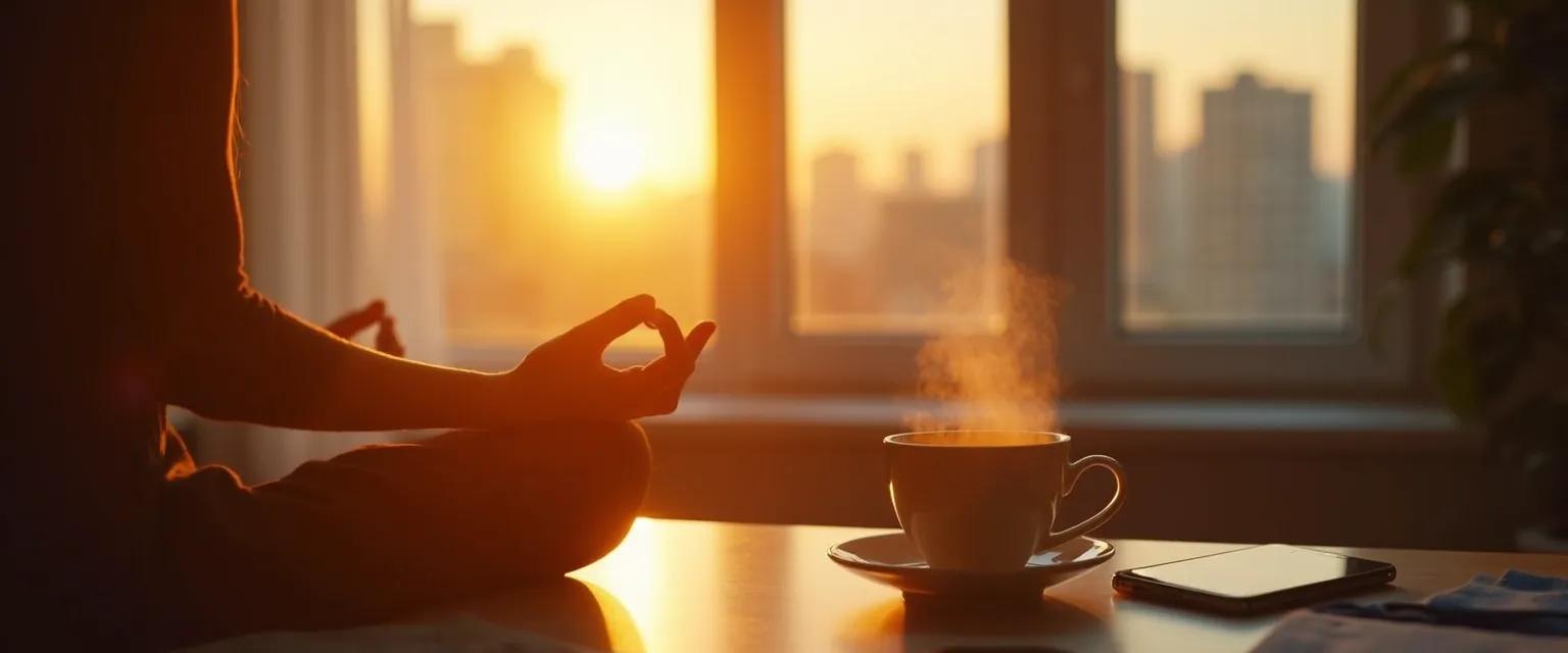 Professional practicing Jon Kabat-Zinn's 5-minute meditation technique before work