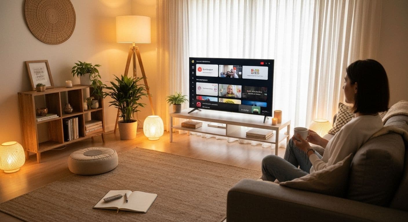 Person practicing mindfulness Netflix routine while relaxing on couch with intentional viewing setup