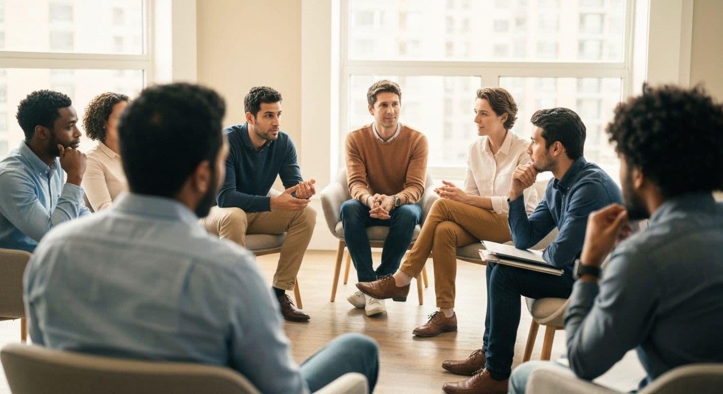 Diverse group engaged in meaningful self awareness group discussion with facilitator leading conversation