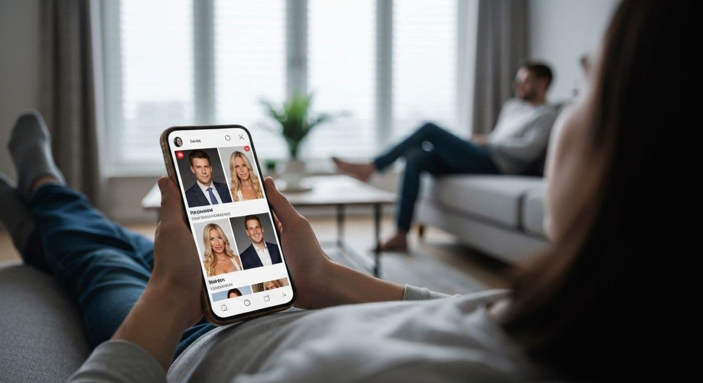 Person looking at phone showing celebrity breakup today news while partner sits nearby looking disconnected