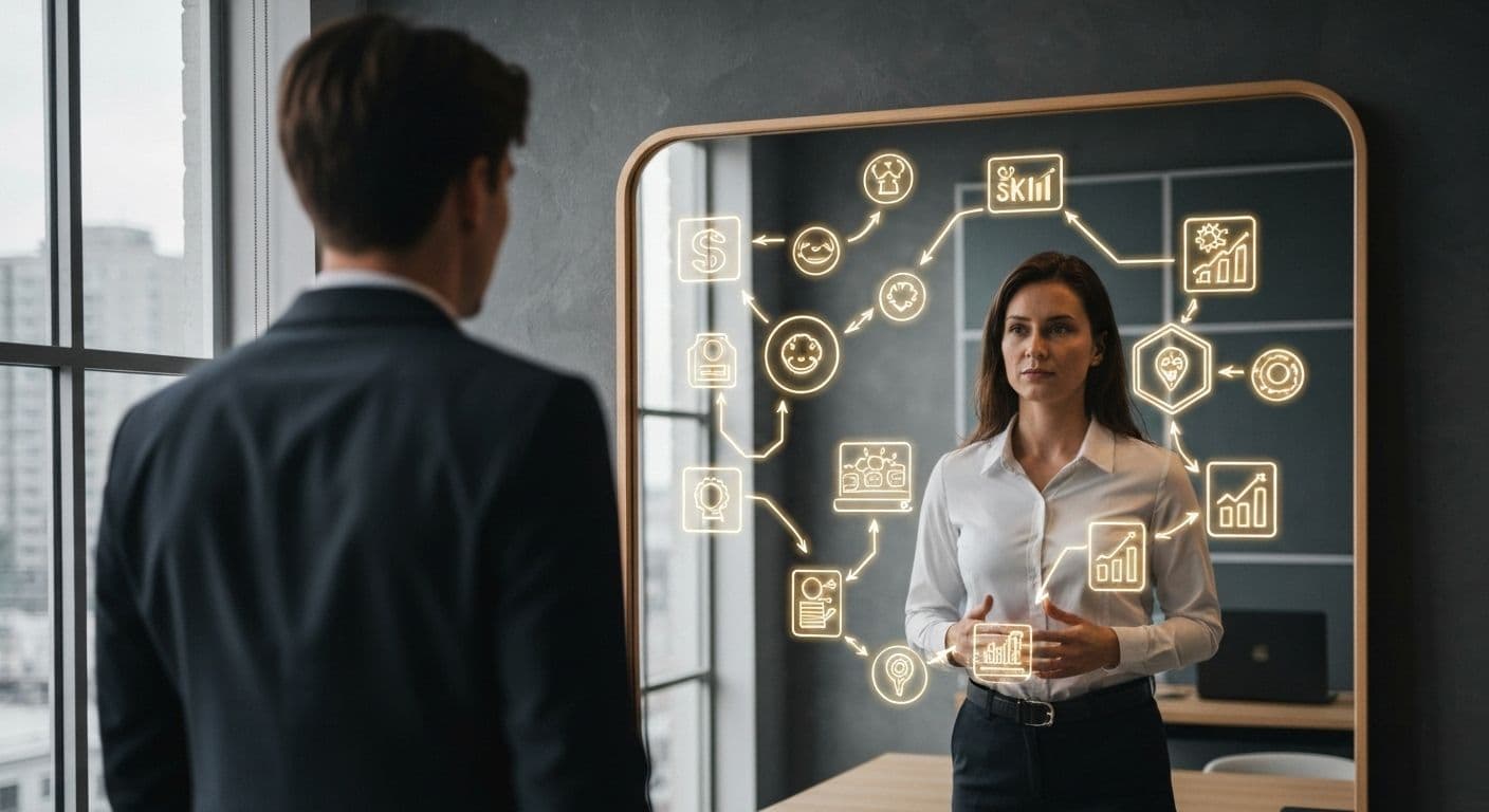 Professional demonstrating the objective of self-awareness through thoughtful workplace reflection and strategic decision-making