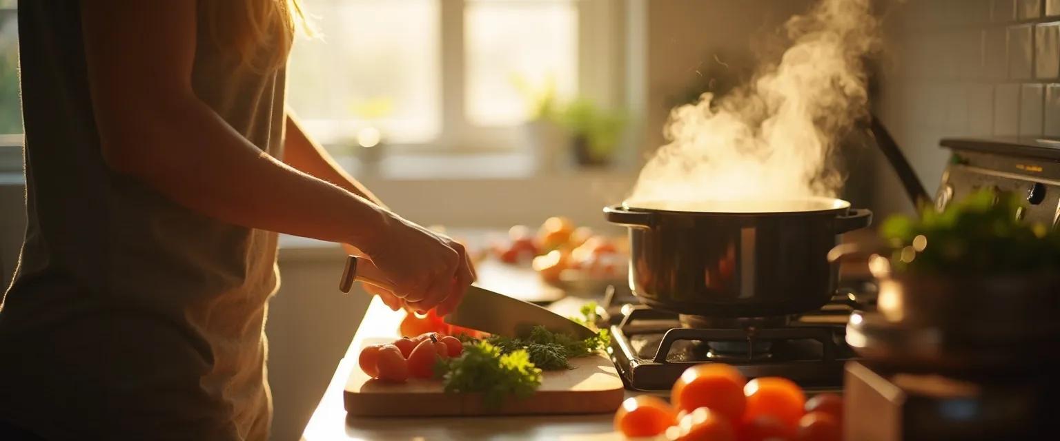 Person practicing mindfulness while cooking, showing how to be mindful in the kitchen