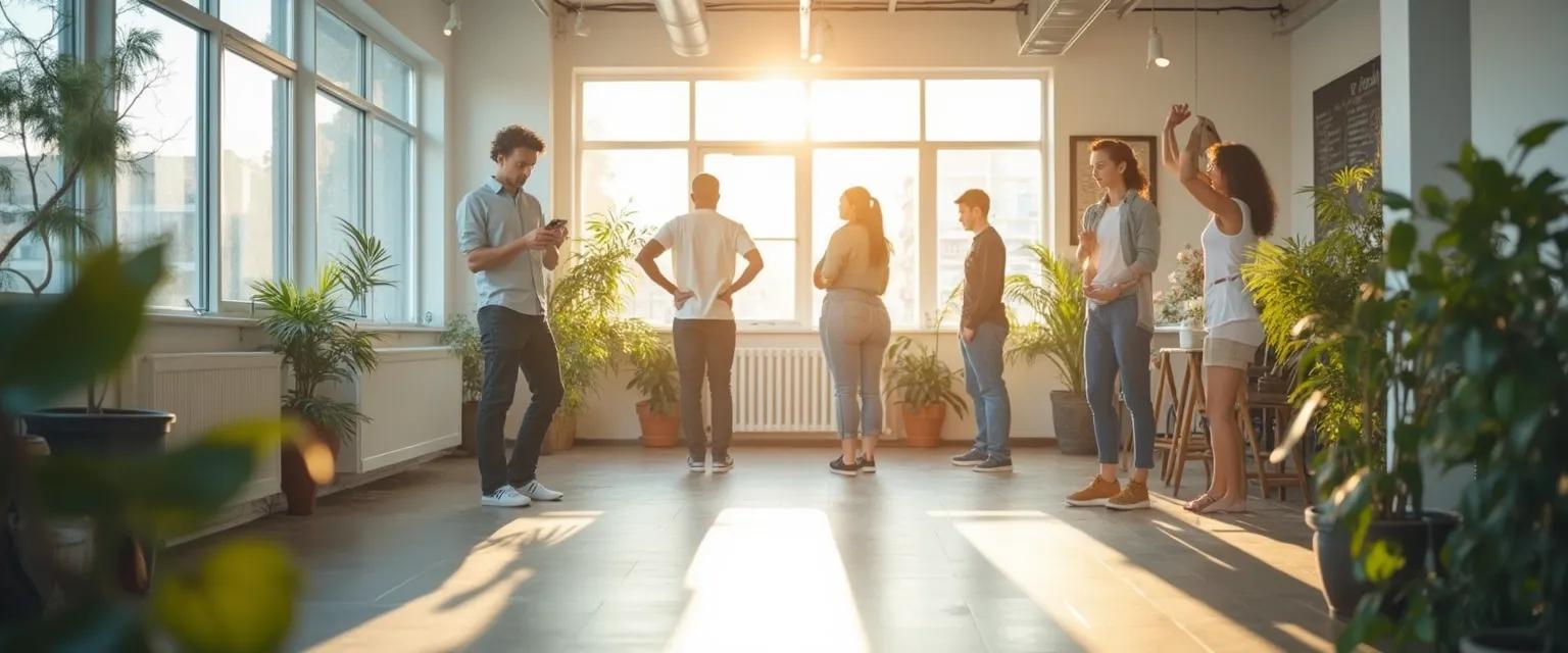 Team engaged in health and wellbeing activities in a modern workplace setting
