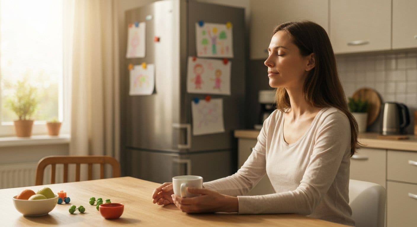 Parent practicing Mark Williams mindfulness techniques during morning routine with children