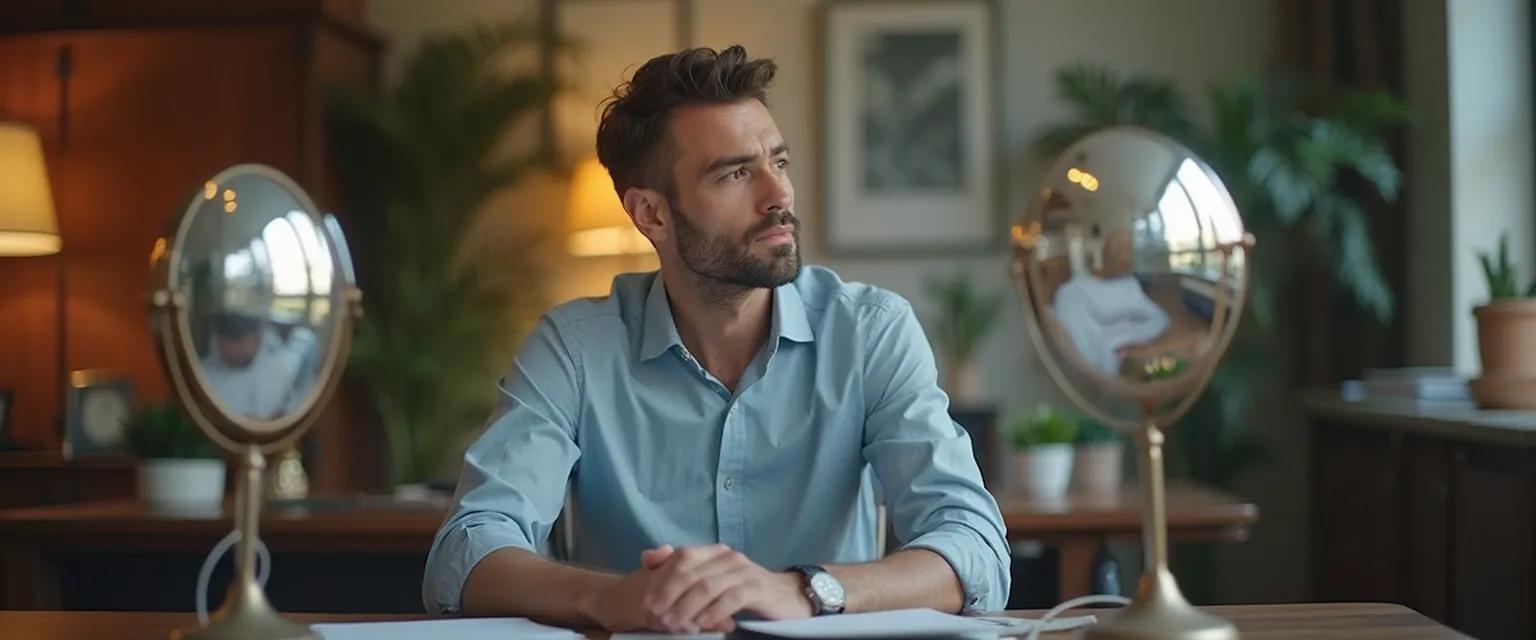 Manager reviewing HBR self awareness techniques at desk with notes