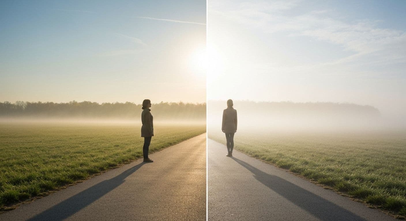 Person pausing thoughtfully before making a decision, illustrating self-awareness in simple words