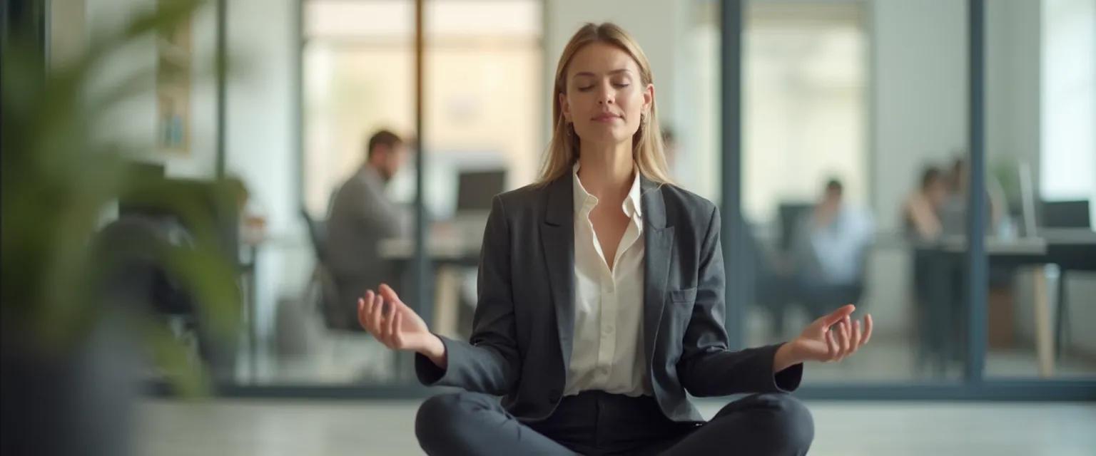 Professional practicing mindfulness techniques for finding peace in a frantic work environment