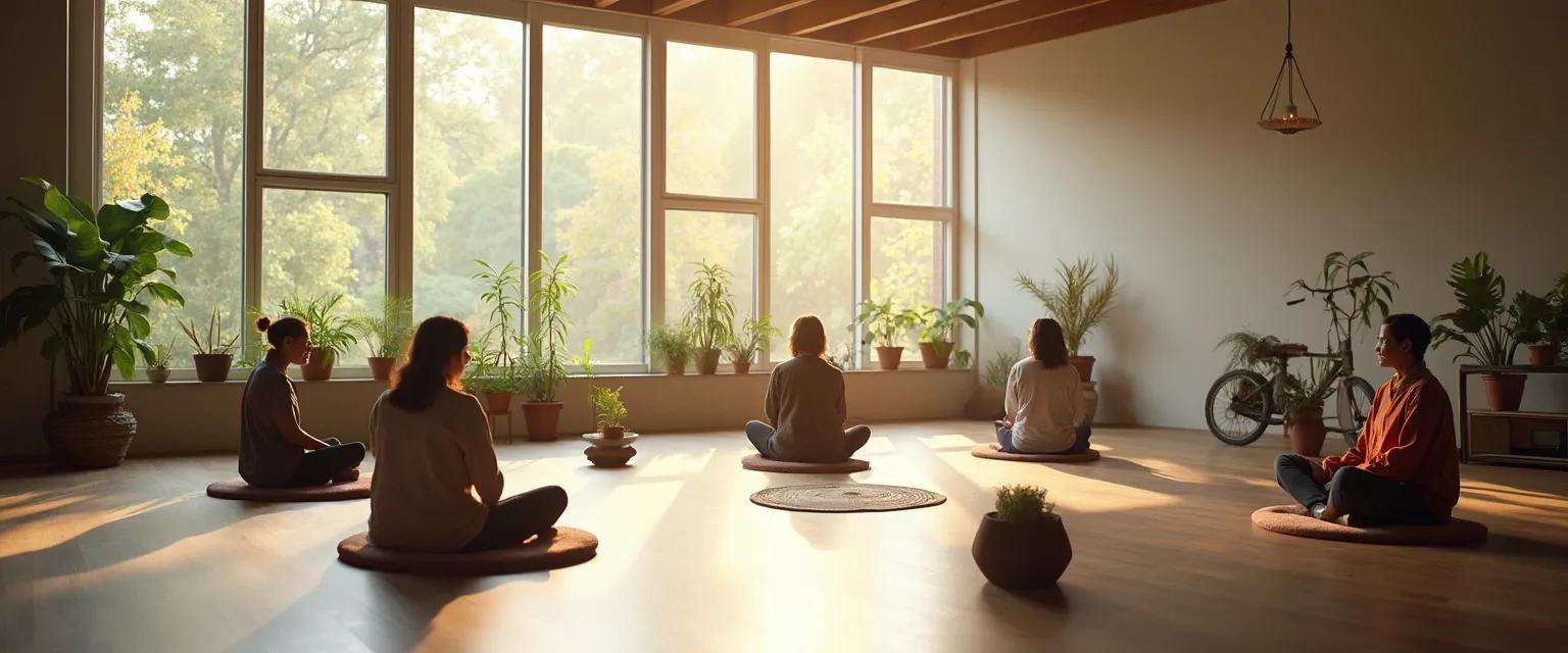 Community members gathering at a local mindfulness institute for meditation practice