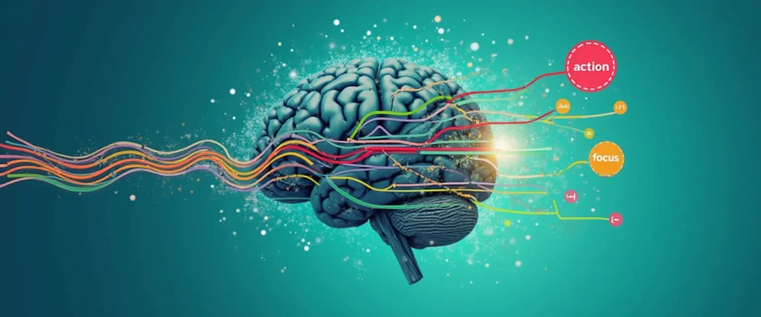 Brain diagram showing neurological processing patterns related to procrastination and productivity techniques