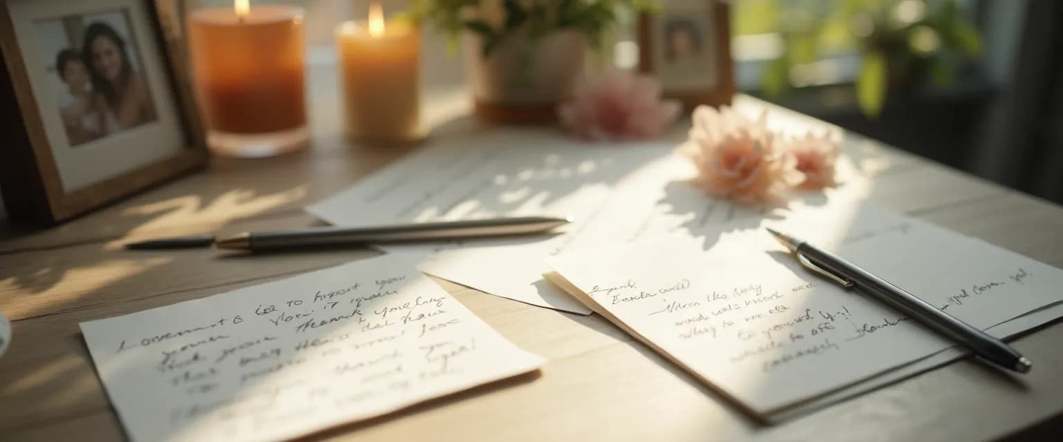 Handwritten thank you sympathy card messages with flowers and candle