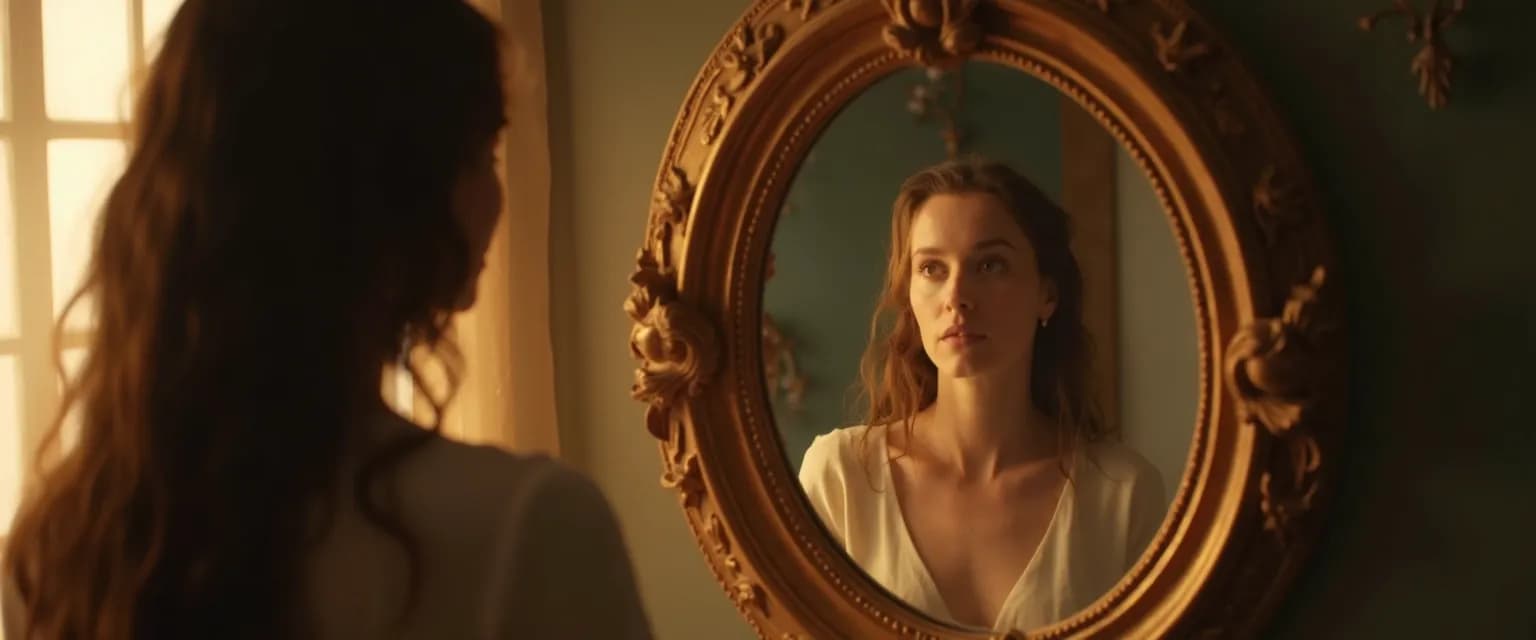 Person reflecting in mirror demonstrating explanation of self awareness concept