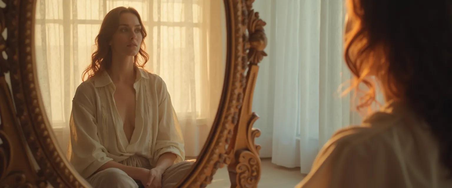 Person practicing the mirror technique for conscious awareness of the self