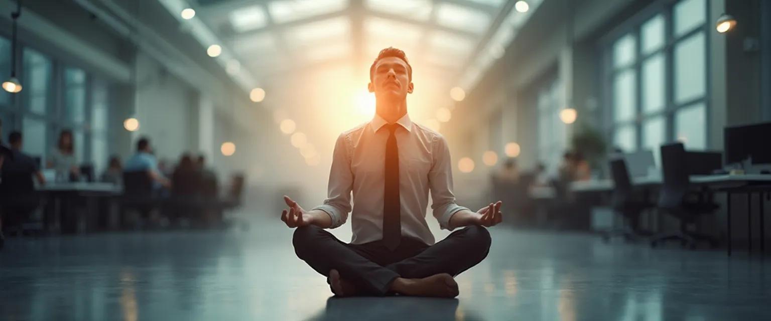 Executive practicing self-awareness meditation to improve leadership skills