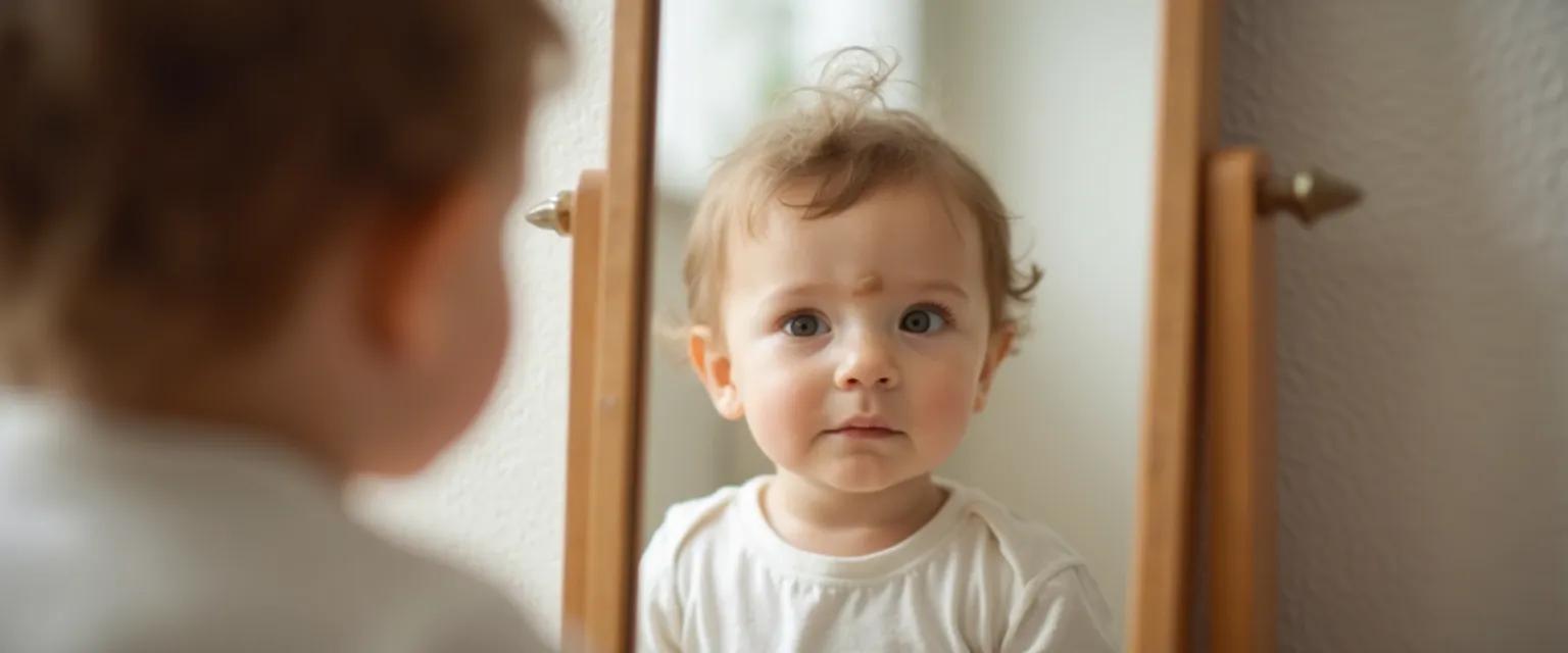 Parent observing as child demonstrates self-awareness through mirror recognition