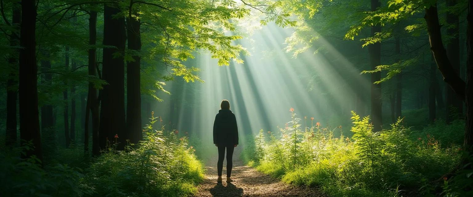 Person practicing 5-minute forest bathing to calm the mind in an urban park