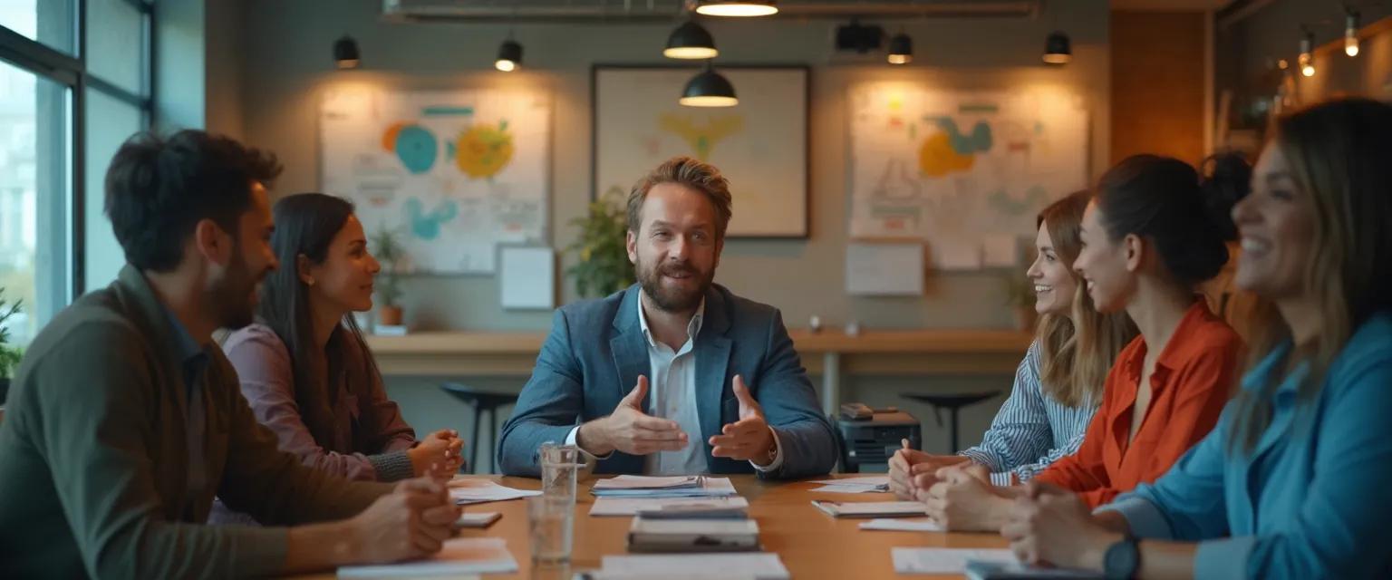 Team leader facilitating emotional intelligence leadership training exercise with diverse team members